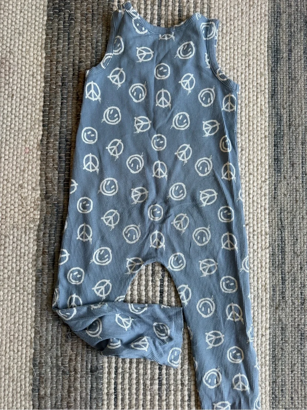 Cat & Jack Blue Ribbed Sleeveless Romper with White Smiley & Peace Motifs